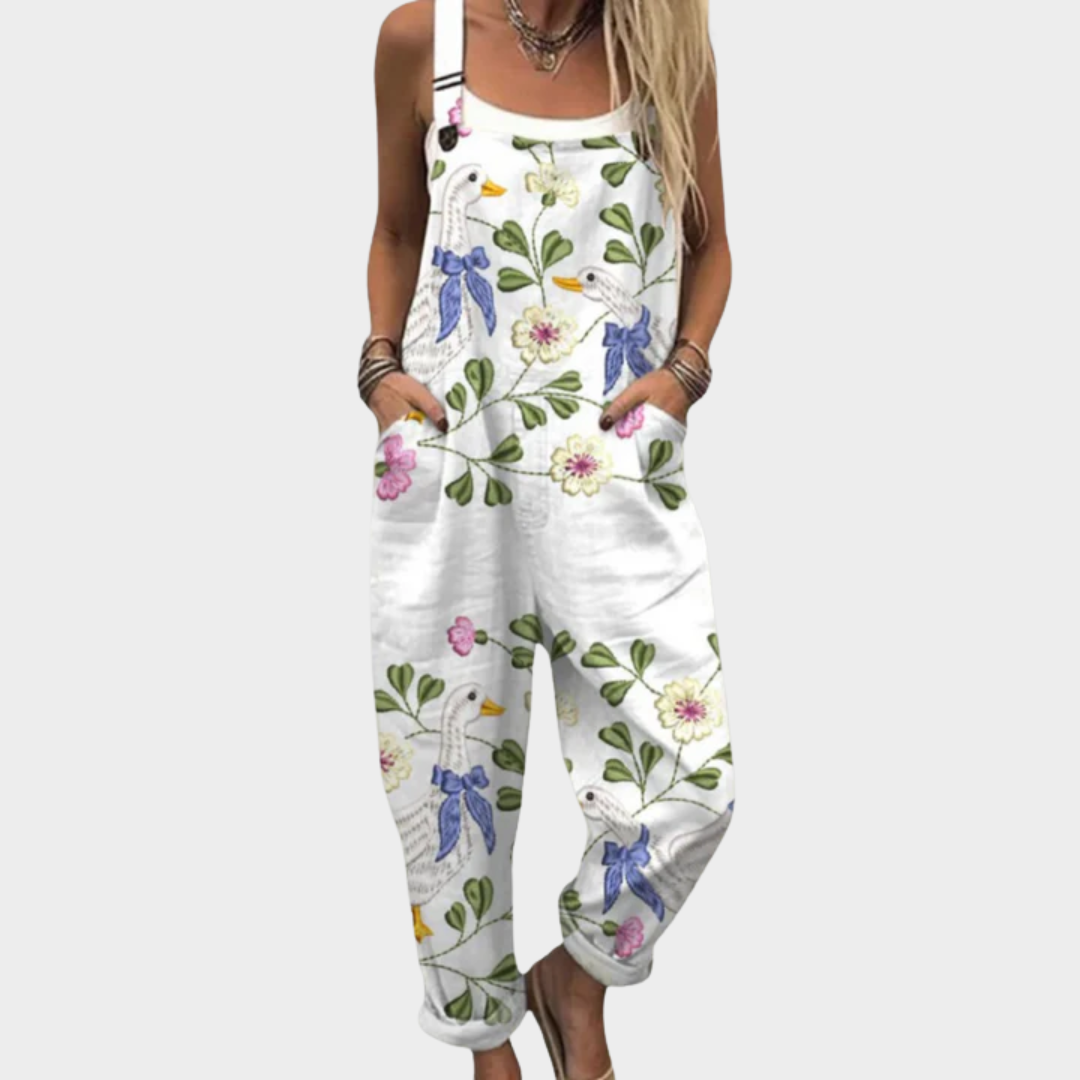 Agnese | Salopette Bianca con Stampa Oche e Fiori Rampicanti