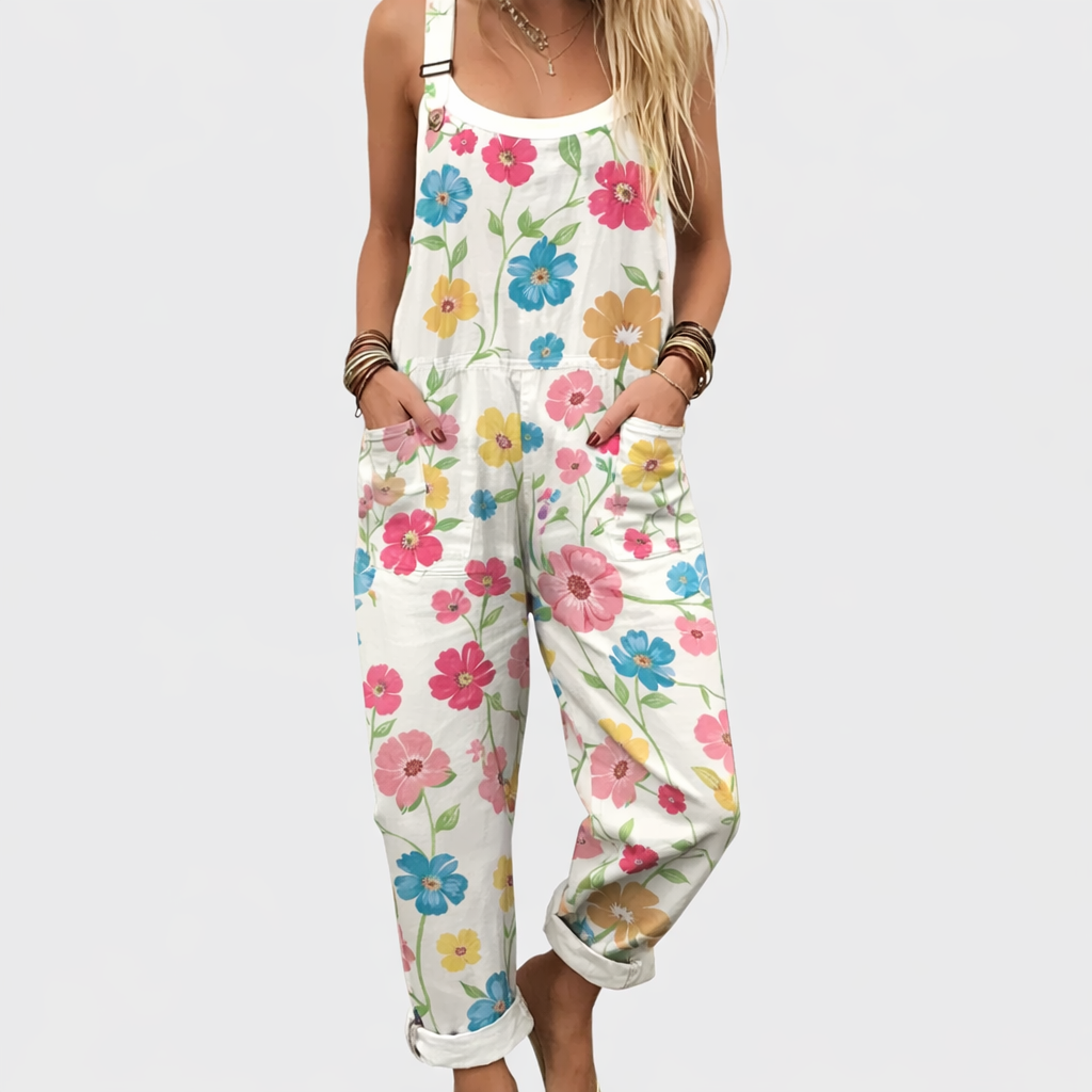 Eleonora | Salopette Bianca con Stampa Floreale Multicolore