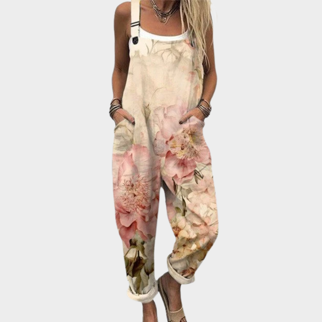 Aurora | Salopette Beige con Stampa Peonie Rosa Vintage