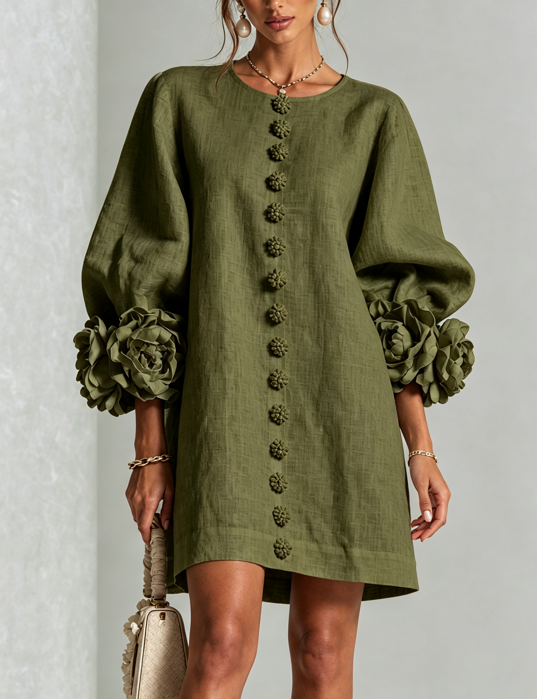 Anouk | Abito Mini Verde Oliva con Rose 3D