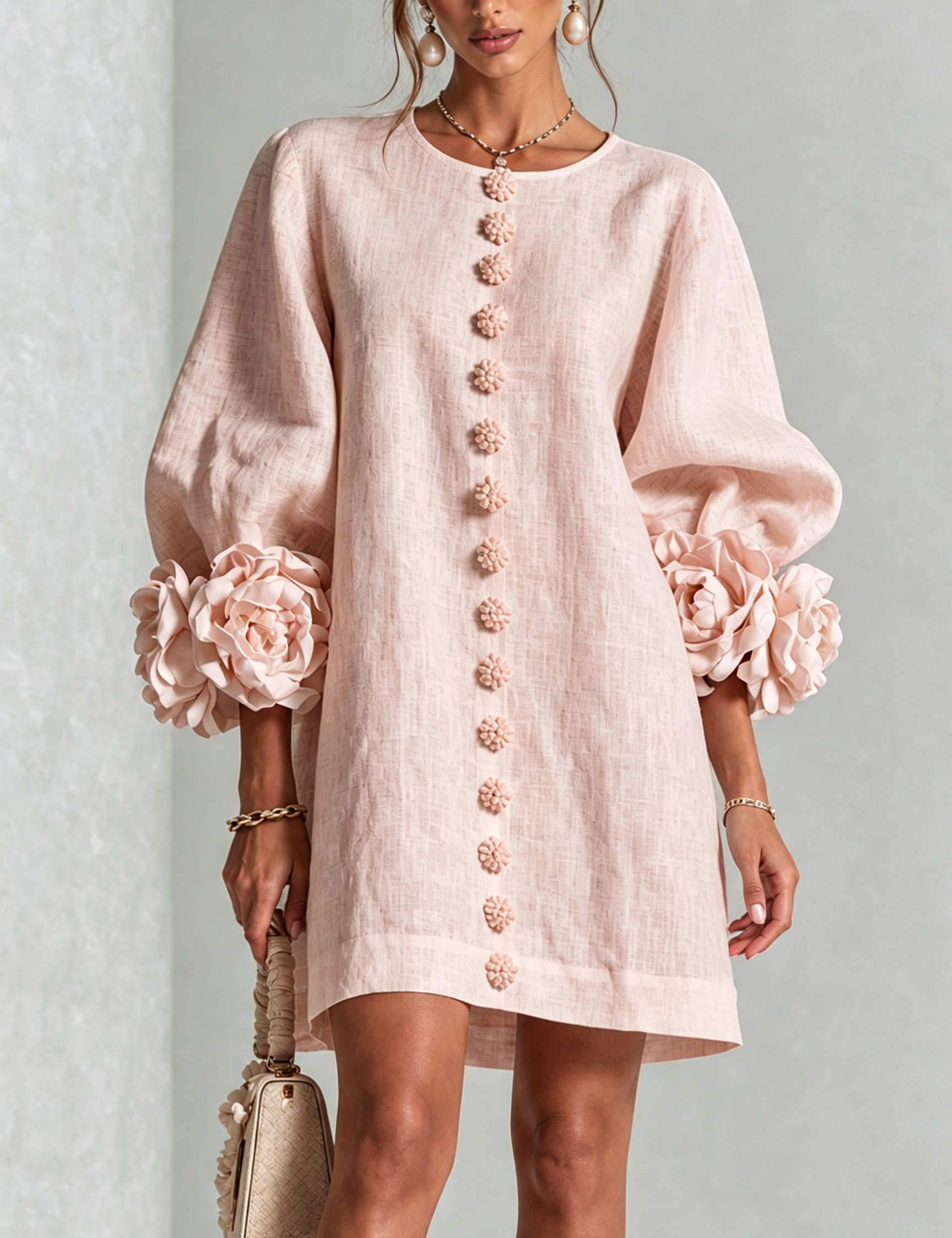 Arabella | Abito Mini Rosa con Polsini a Rosa 3D