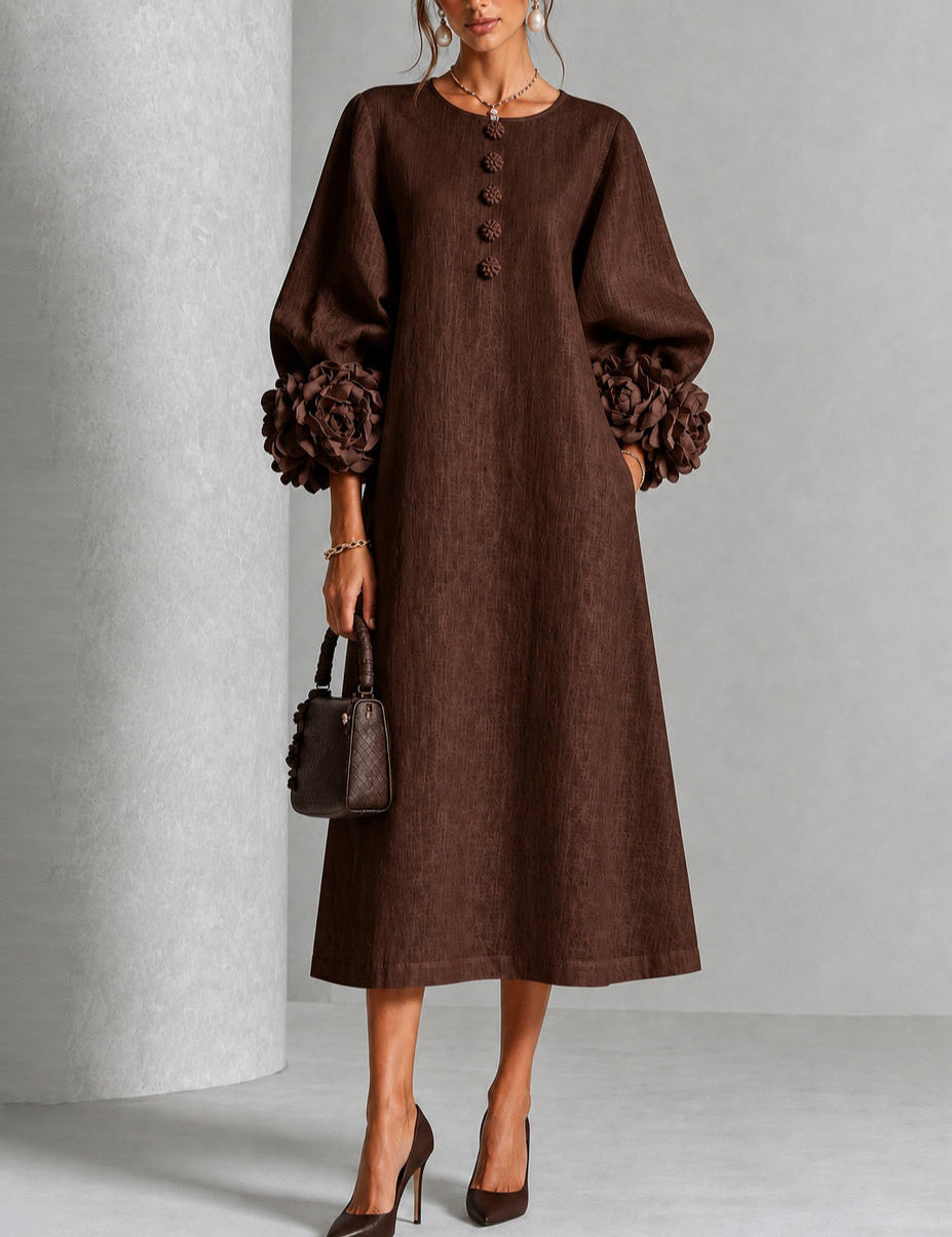 Anthea | Abito Midi Marrone Cioccolato con Rose 3D