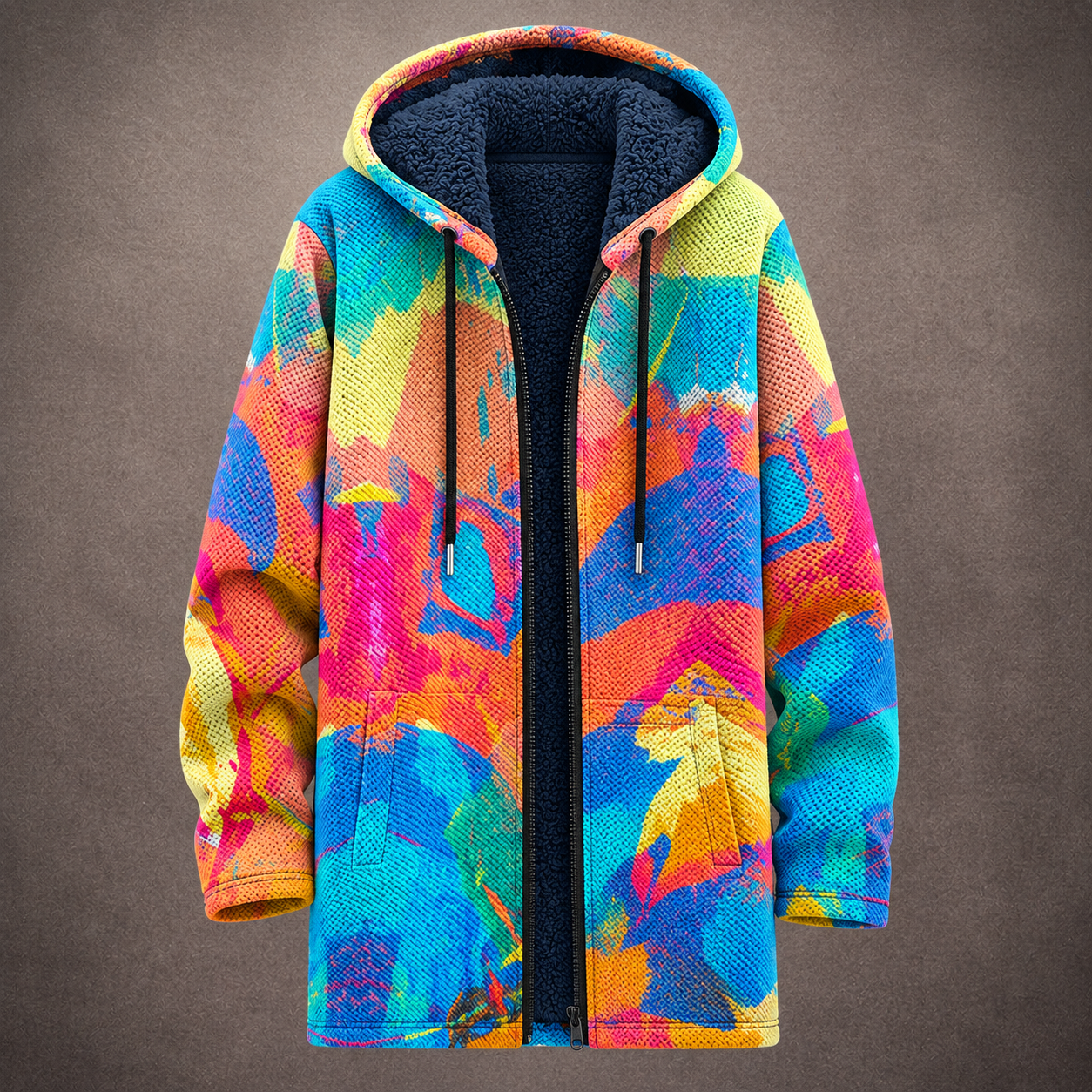 Alessia | Cardigan Lungo Foderato con Stampa Astratta e Multicolore