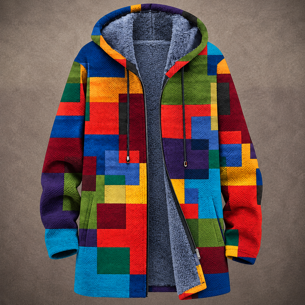 Beatrice | Cardigan Lungo Foderato con Motivo a Blocchi Multicolore