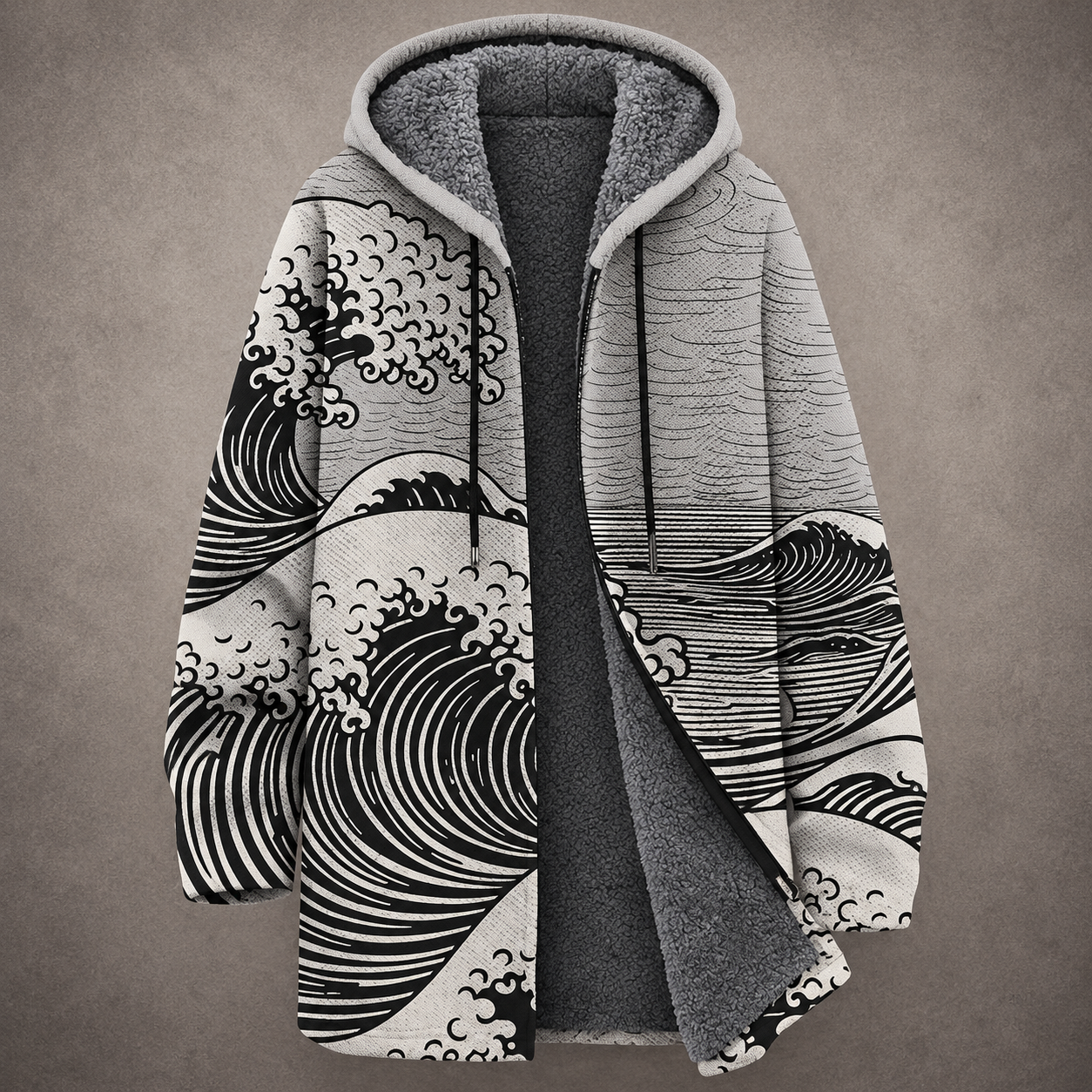 Bianca | Cardigan Lungo Foderato con Motivo a Onde Stile Orientale