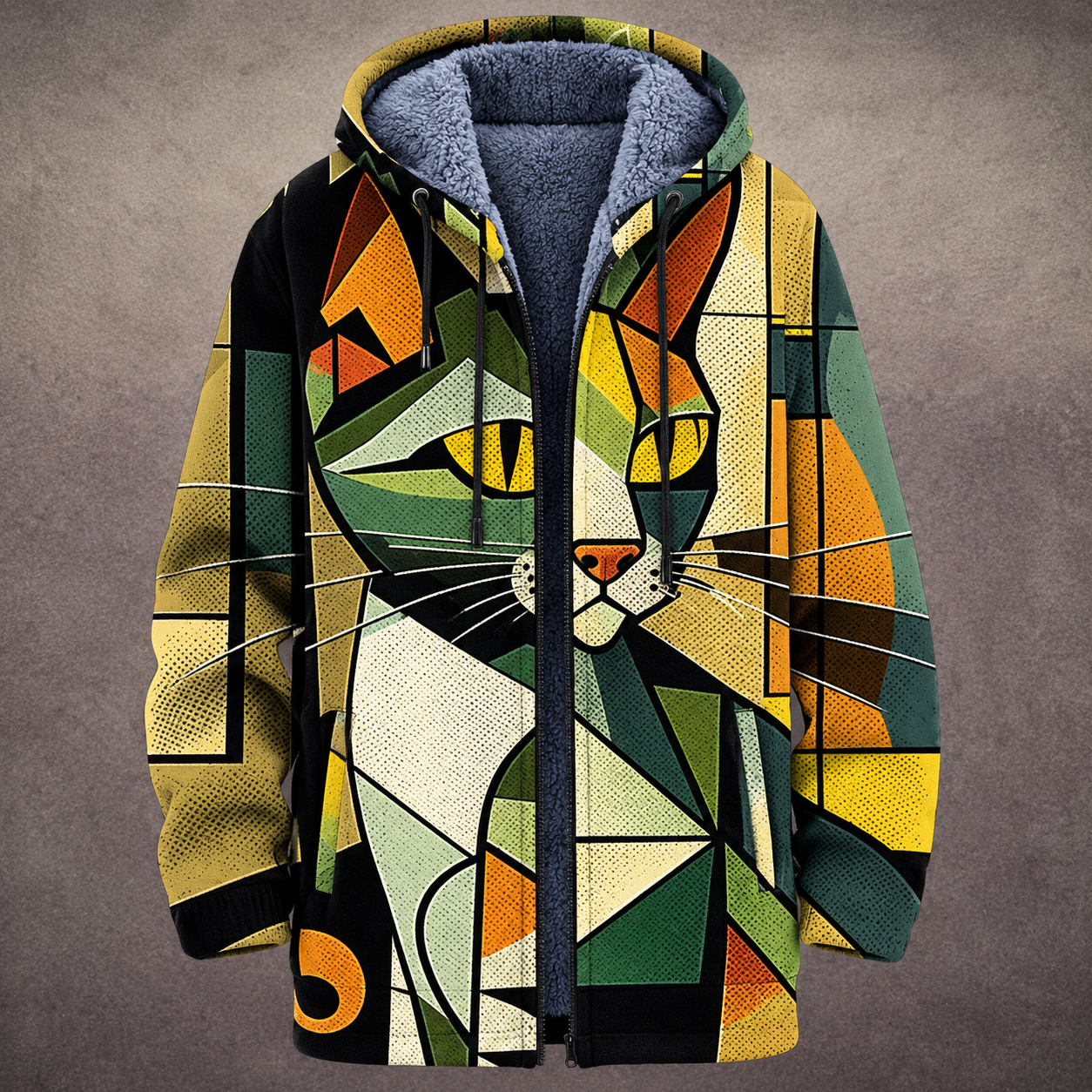Camilla | Cardigan Lungo Foderato con Ritratto Felino Geometrico
