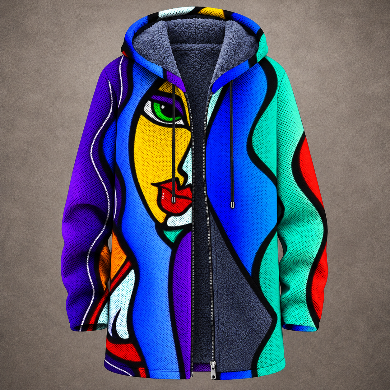 Claudia | Cardigan Lungo Foderato con Stampa Cubista ad Arte Moderna