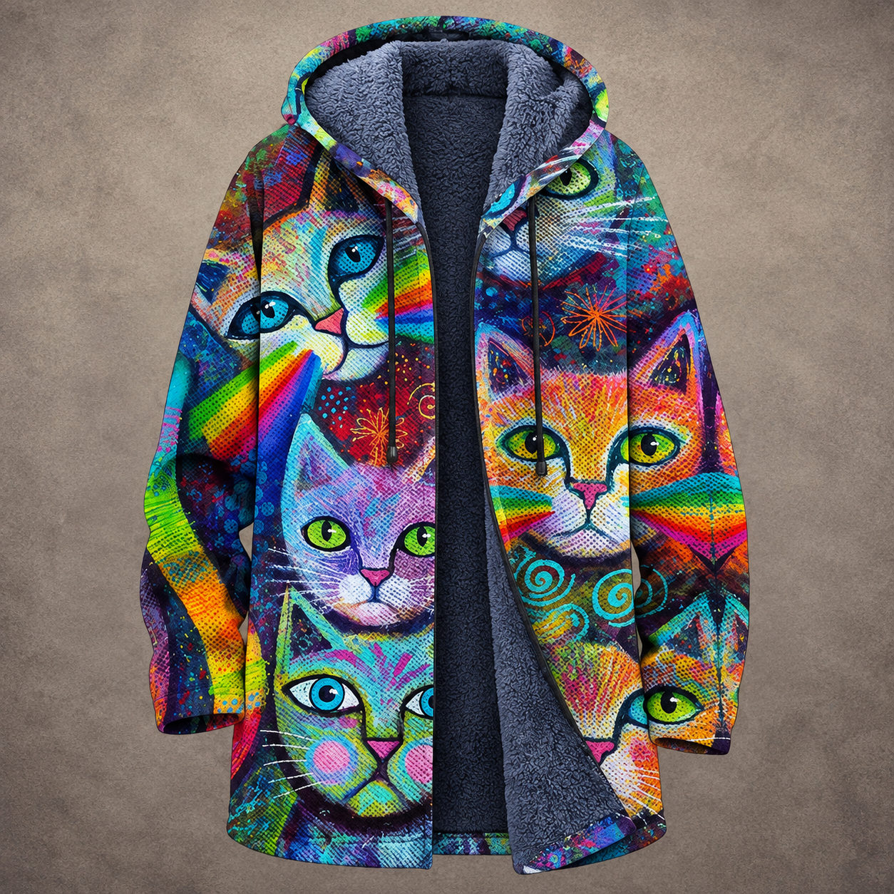 Letizia | Cardigan Lungo Foderato con Stampa Artistica Felina Multicolore