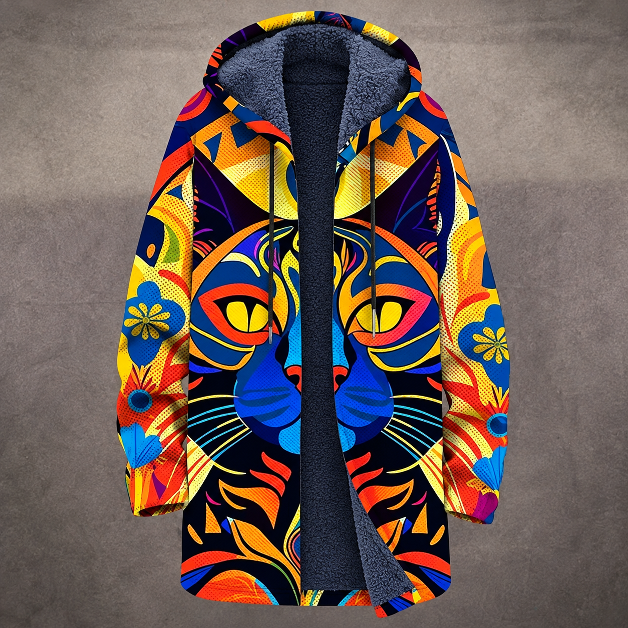 Lucia | Cardigan Lungo Foderato con Stampa Felina Artistica e Colori Vivaci