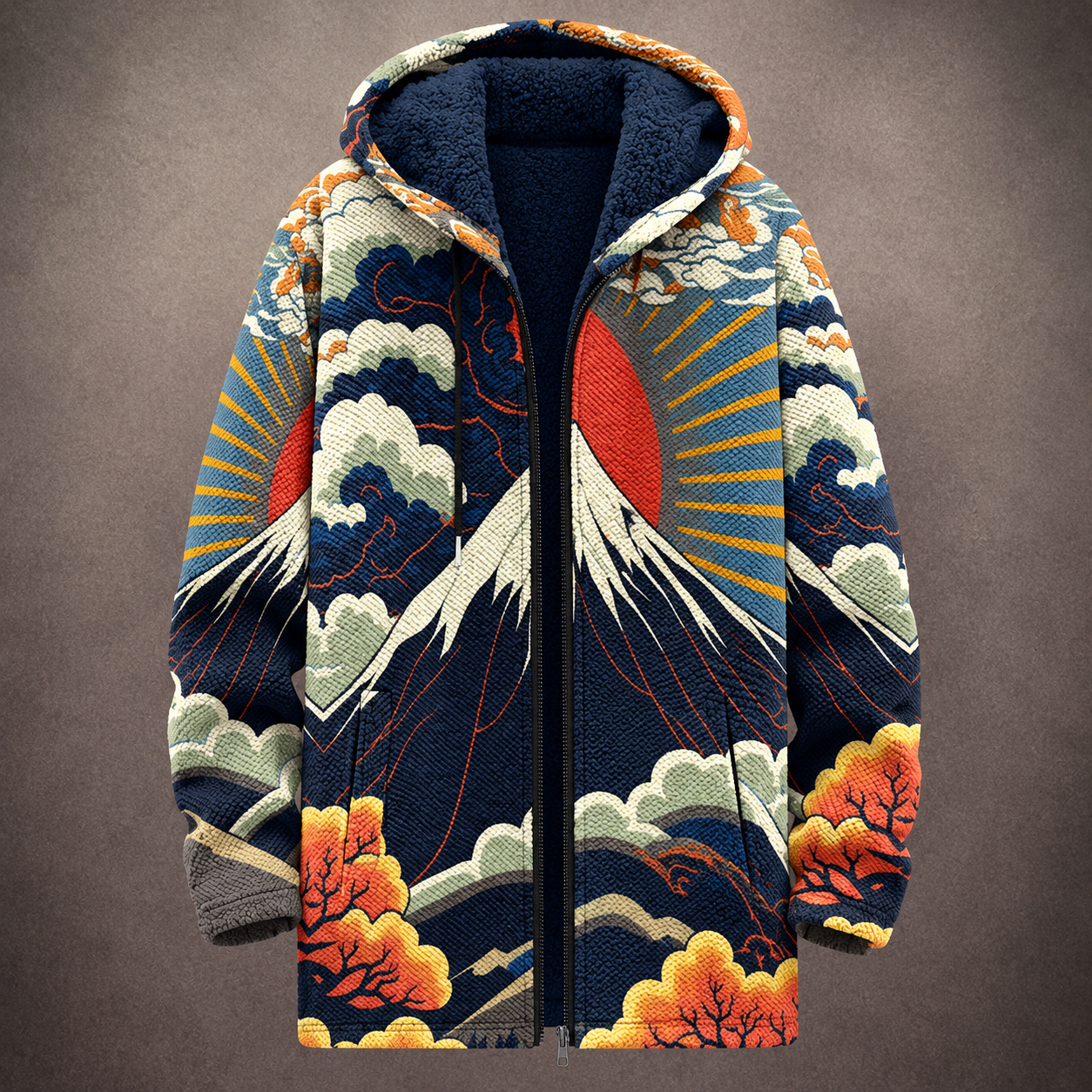 Martina | Cardigan Lungo Foderato con Stampa Orientale del Monte Fuji